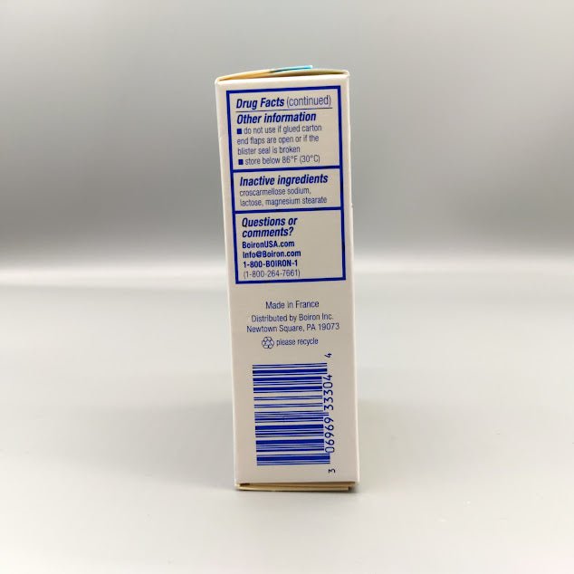StressCalm box side: inactive ingredients, storage, made in France and barcode