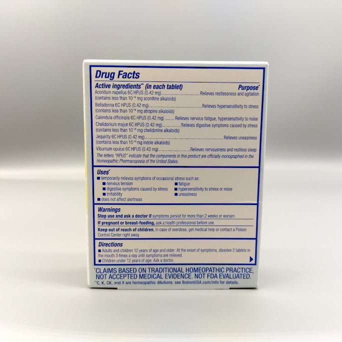 StressCalm Drug Facts: active ingredients and uses, previous packaging