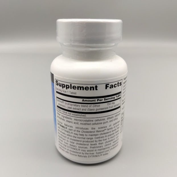 Sytrinol 150 mg Source Naturals, frasco de 30 tabletas para el colesterol — etiqueta con los ingredientes (foto de archivo)