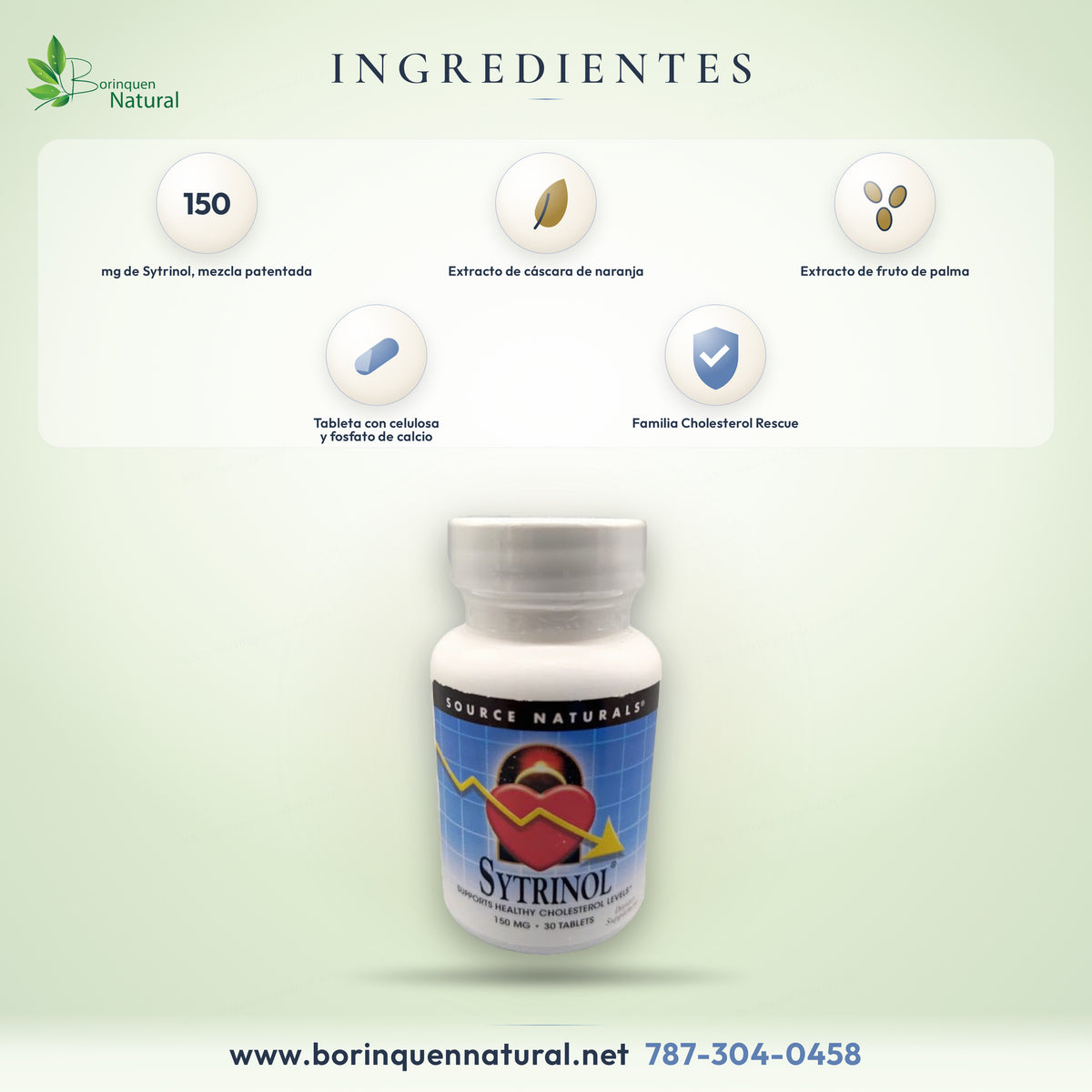 Ingredientes del Sytrinol de Source Naturals: mezcla patentada de cáscara de naranja y fruto de palma, 150 mg