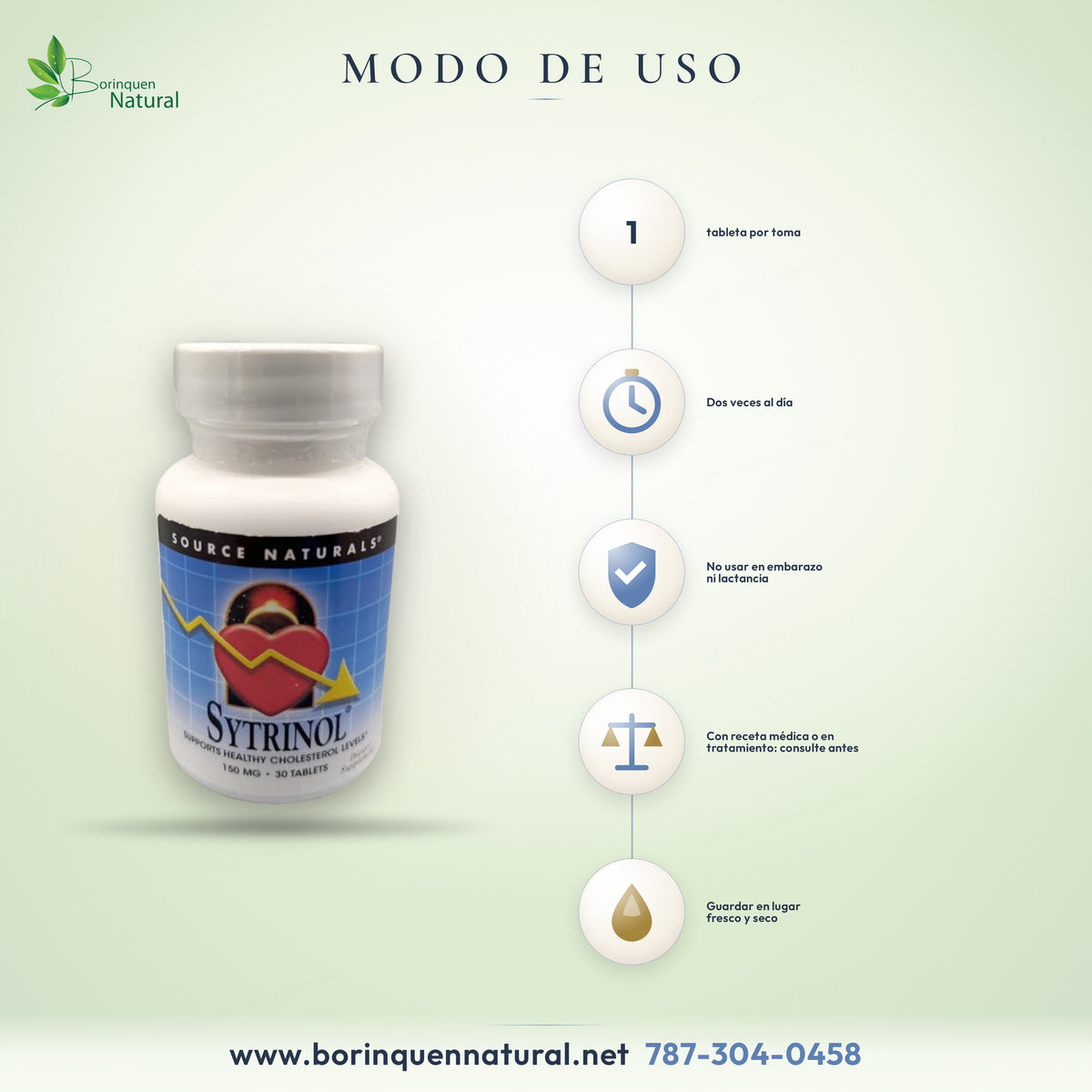 Modo de uso del Sytrinol de Source Naturals: 1 tableta dos veces al día; embarazo o medicamentos, consulte antes
