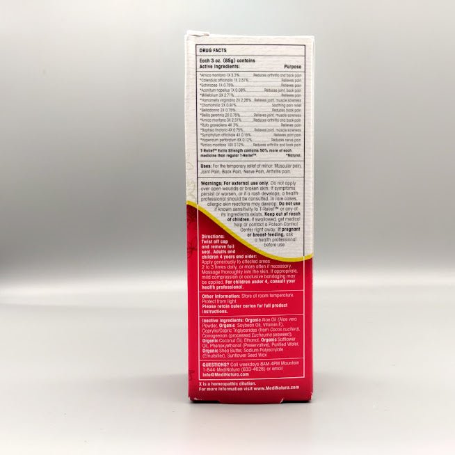 Crema T-Relief Extra Strength MediNatura árnica +12 para dolor muscular 3 oz — etiqueta con los (foto de archivo)