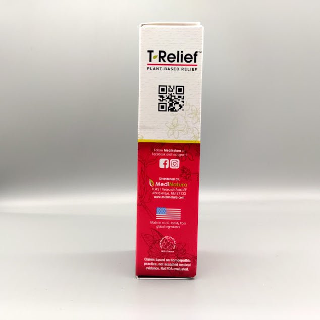 Crema T-Relief Extra Strength MediNatura árnica +12 para dolor muscular 3 oz — vista posterior del envase (foto de archivo)
