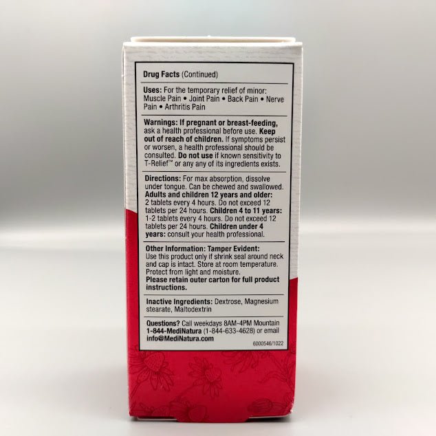 T-Relief 100 Tabletas Homeopático para el Dolor Muscular — vista posterior del envase