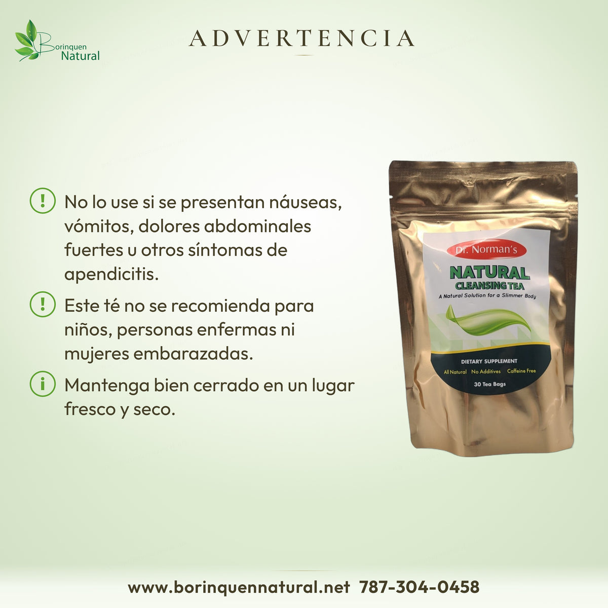 Advertencia del Natural Cleansing Tea: no se recomienda para niños, personas enfermas ni embarazadas; lugar fresco y seco