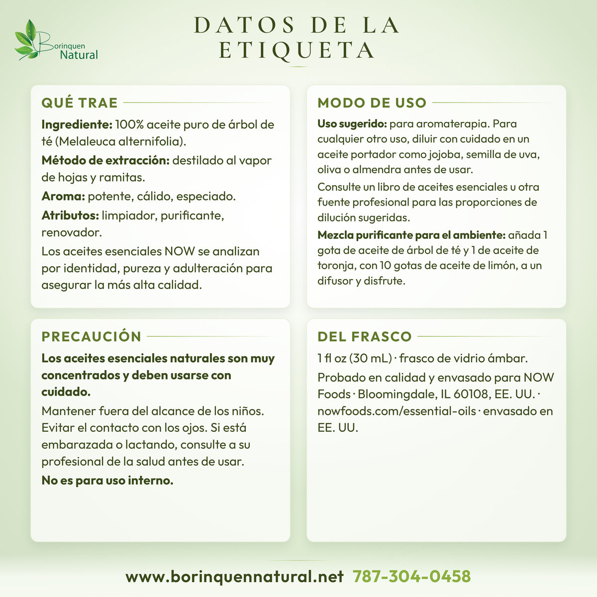 NOW tea tree oil label facts: ingredient, aroma, extraction and cautions