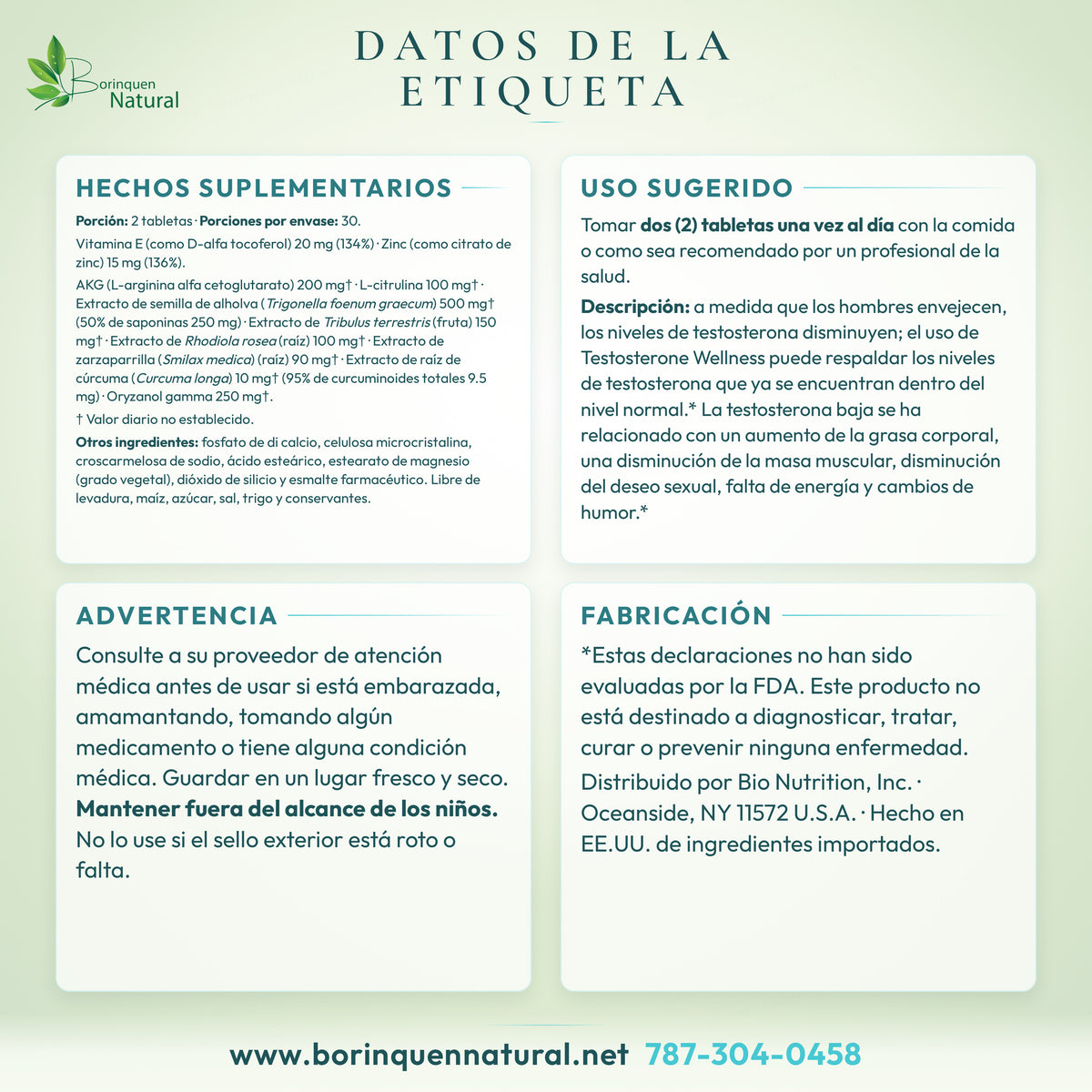 Datos de la etiqueta de Testosterone Wellness de Bio Nutrition: hechos suplementarios, otros ingredientes, uso sugerido, descripción, advertencias y descargo de la FDA