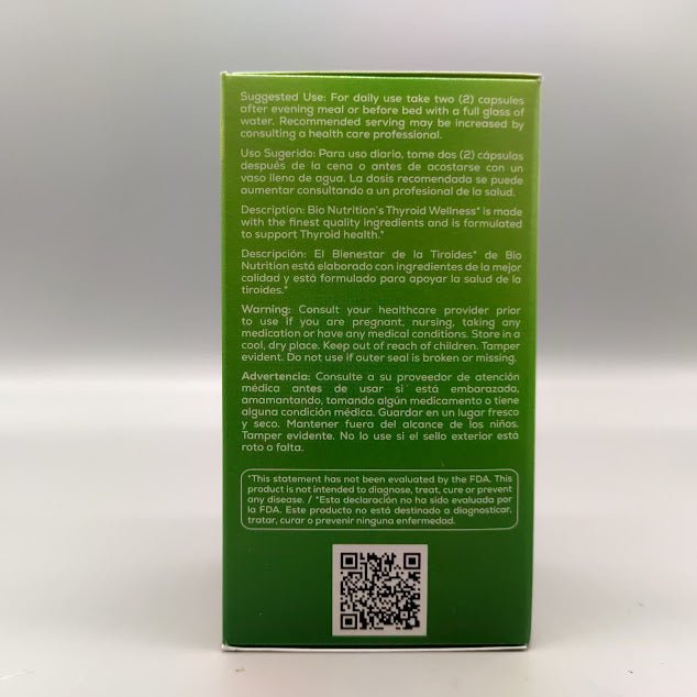 Thyroid Wellness 626 mg. - 60 Vegetarian Capsules de Bio Nutrition — vista lateral del envase (foto de archivo)