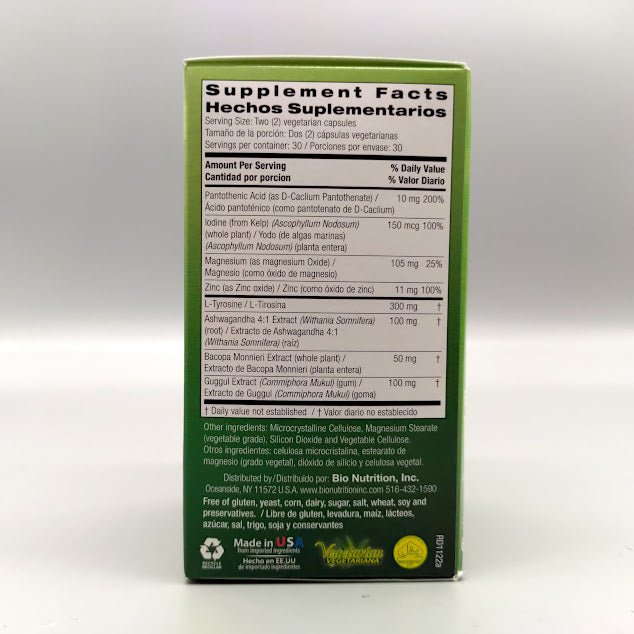 Thyroid Wellness 626 mg. - 60 Vegetarian Capsules de Bio Nutrition — vista posterior del envase (foto de archivo)