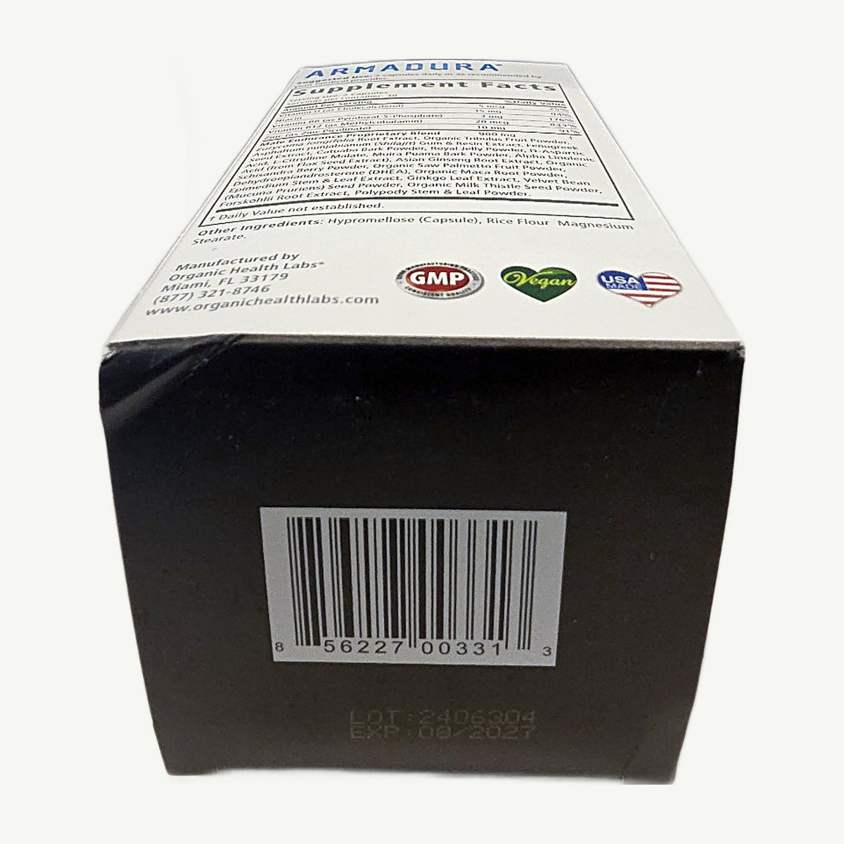 Bottom of Armadura box: Supplement Facts and barcode 8 56227 00331 3