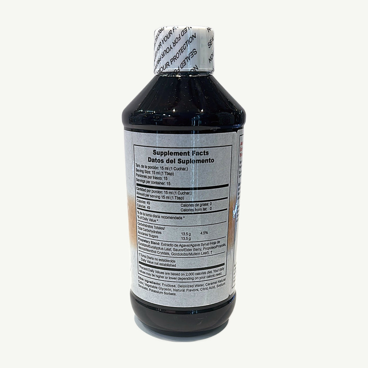 Bronkoplex Supplement Facts: 15 ml serving, 15 servings, 49 calories and agave, eucalyptus, elderberry and propolis blend