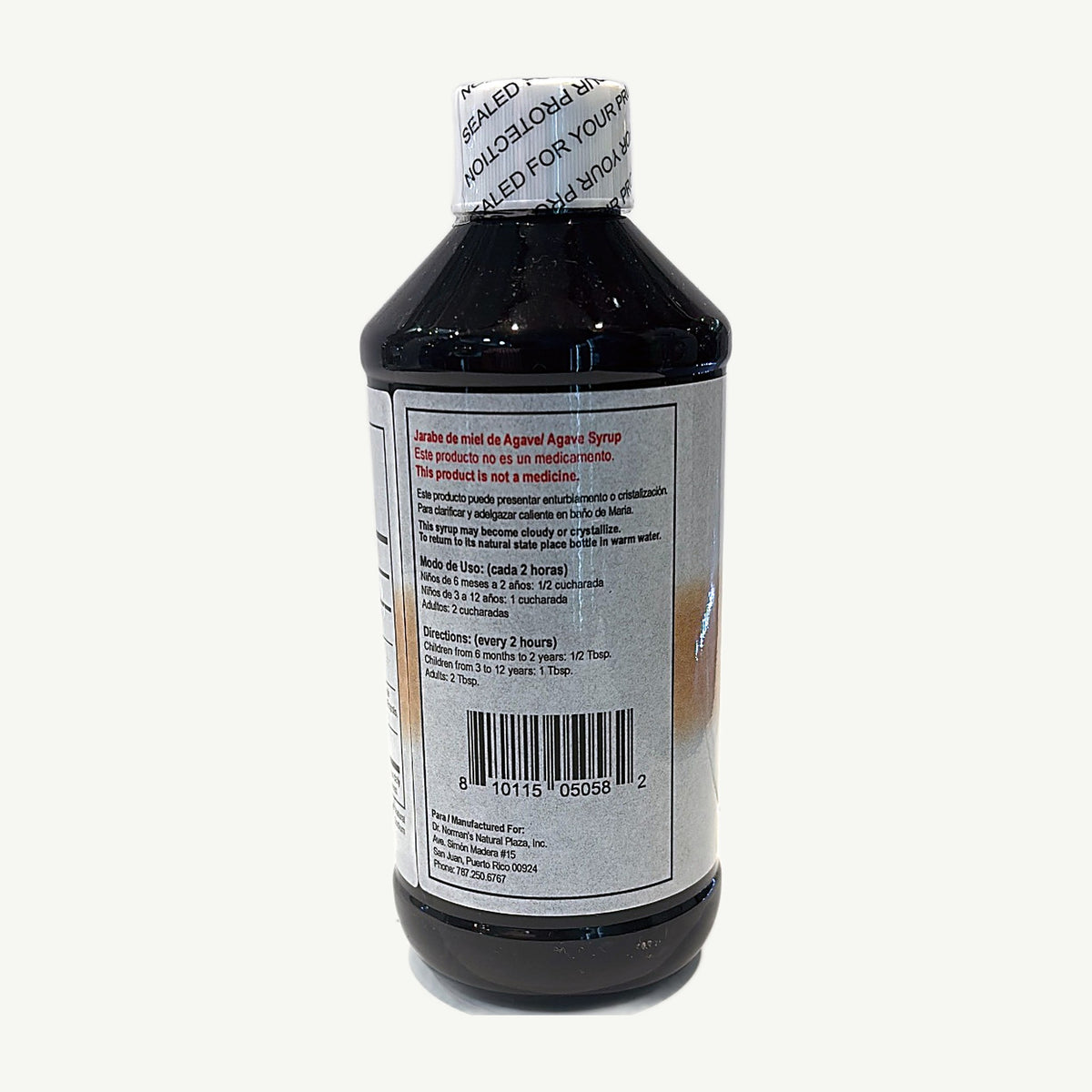 Bronkoplex side panel: directions every 2 hours by age and the line "Este producto no es un medicamento"