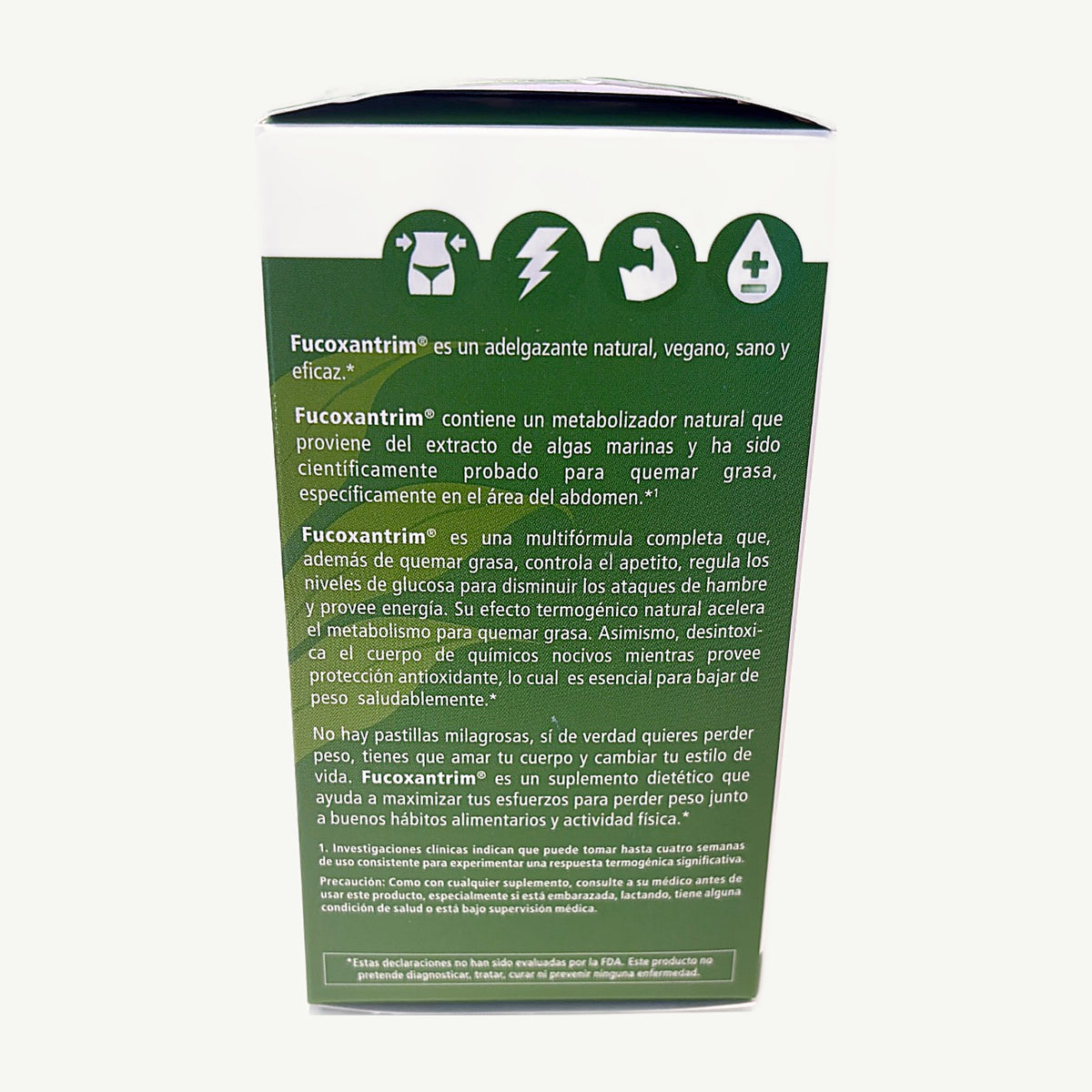 Fucoxantrim 60 cápsulas: foto real de la caja tomada en la tienda Borinquen Natural, costado en español