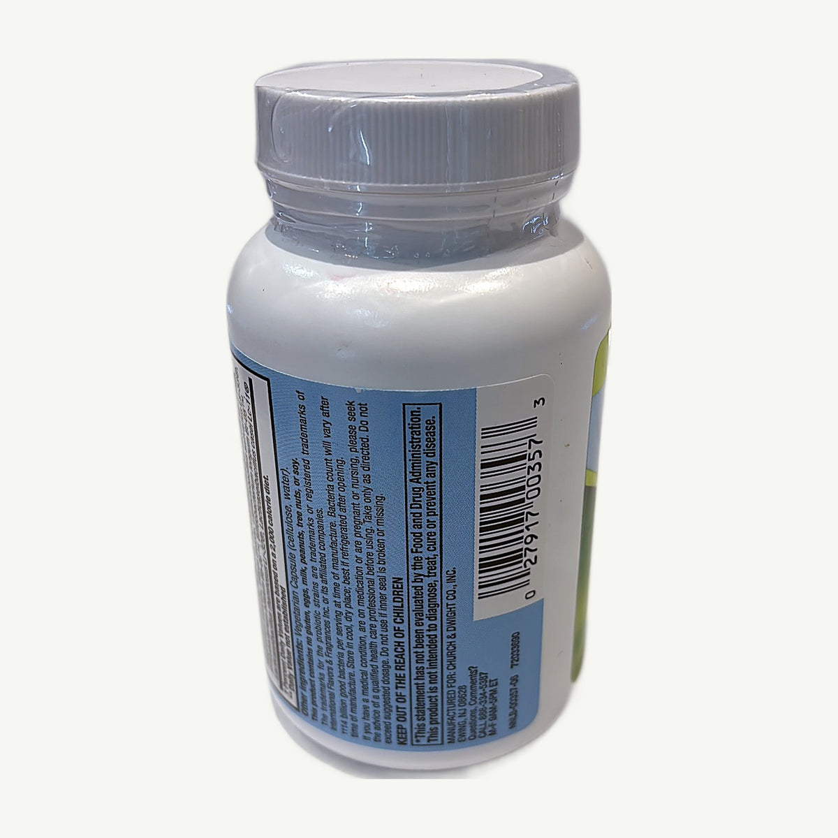 Lado del frasco PB8 Probiotic: otros ingredientes, sin gluten ni leche, conservación y advertencias