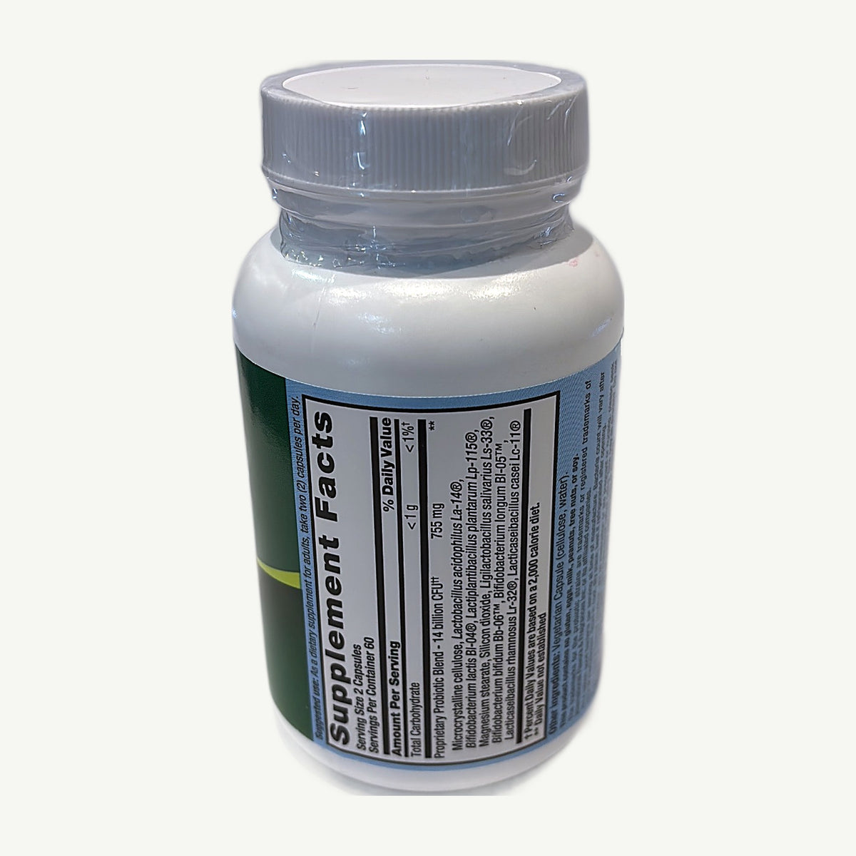Panel Supplement Facts del frasco PB8 Probiotic: 2 cápsulas, mezcla de 755 mg y 14 mil millones de UFC