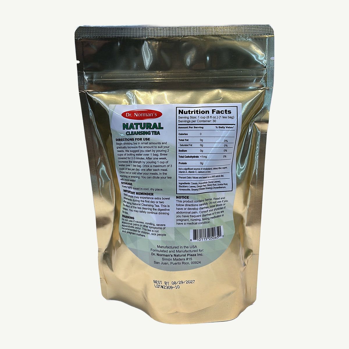 Parte de atrás de la bolsa del Natural Cleansing Tea: modo de uso, información nutricional, ingredientes y avisos