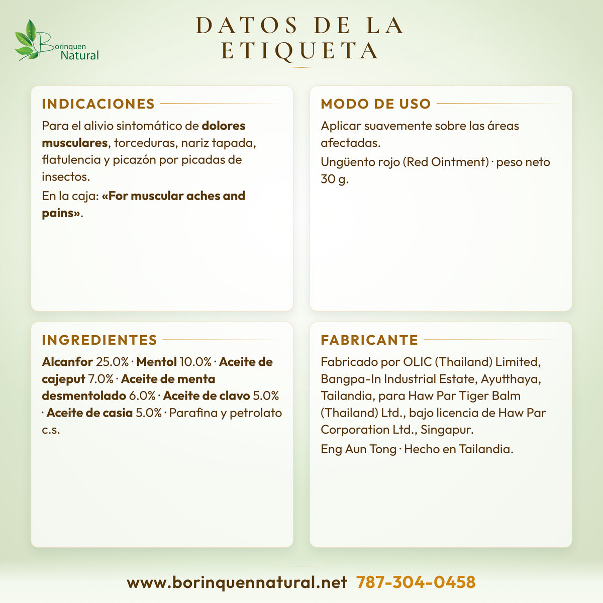 Datos de la caja del Bálsamo de Tigre Rojo: indicaciones, modo de uso, ingredientes con porcentajes y fabricante