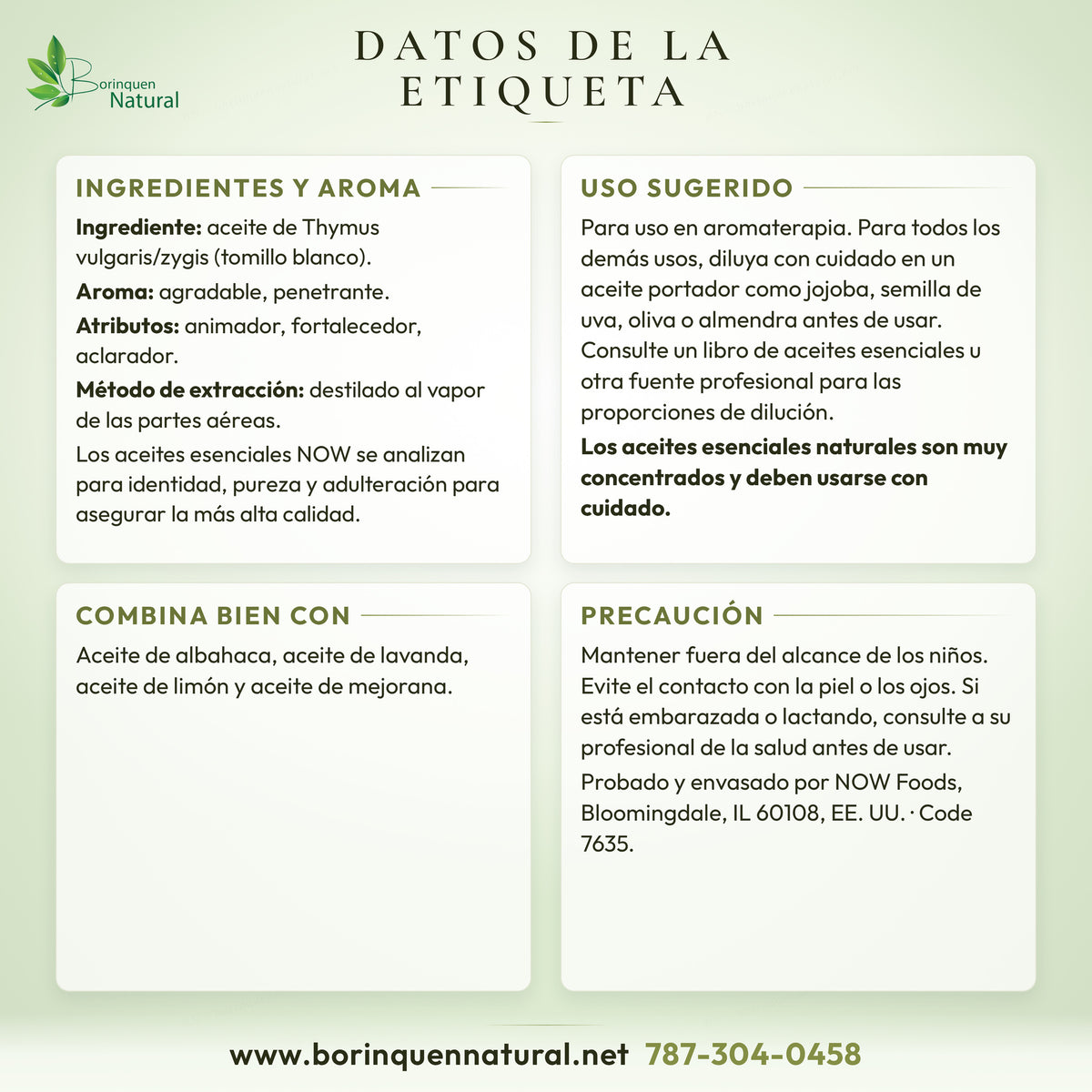 Datos de la etiqueta del aceite de tomillo blanco NOW: ingredientes, aroma, uso sugerido y precaución