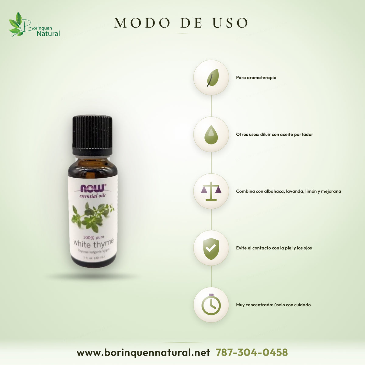 Modo de uso del aceite de tomillo blanco NOW: aromaterapia; para otros usos, diluir con aceite portador como jojoba u oliva