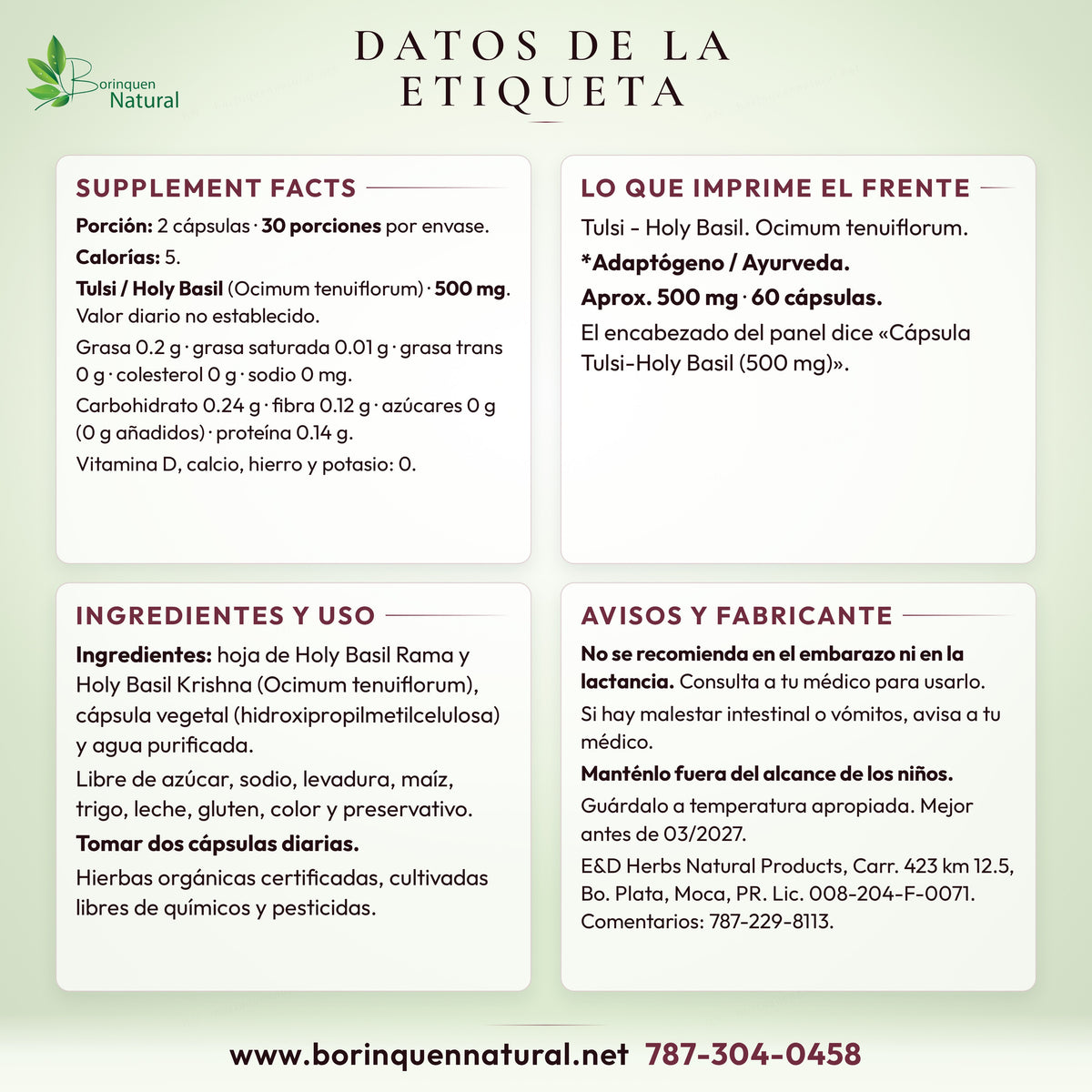 Datos de la etiqueta del Tulsi E&D Herbs: facts, uso y avisos