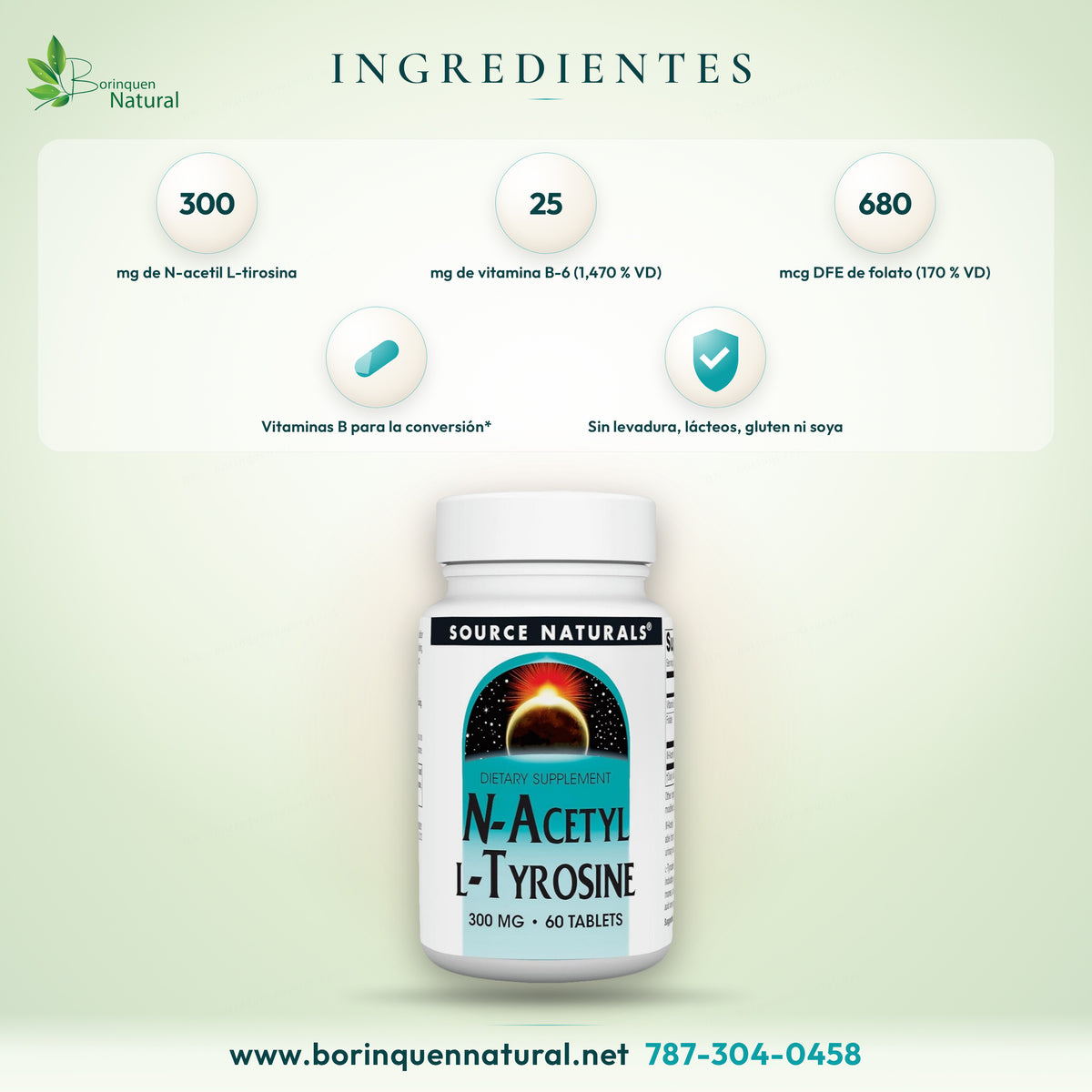 Source Naturals N-Acetyl L-Tyrosine ingredients: 300 mg, 25 mg vitamin B6, 680 mcg DFE folate