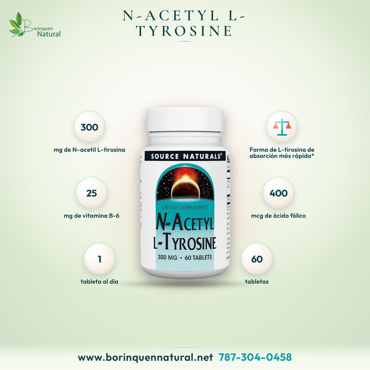 Source Naturals N-Acetyl L-Tyrosine: 300 mg N-acetyl L-tyrosine, 25 mg vitamin B6, 400 mcg folic acid, 60 tablets