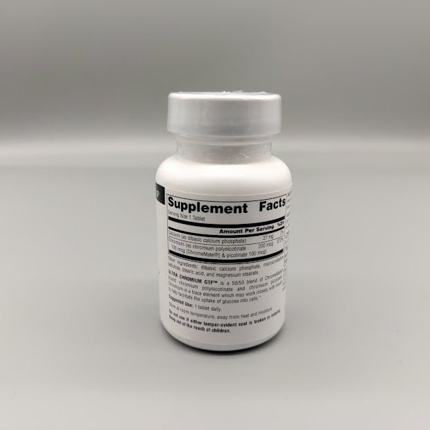 Ultra Chromium GTF Supplement Facts: 200 mcg chromium, 27 mg calcium, other ingredients and suggested use