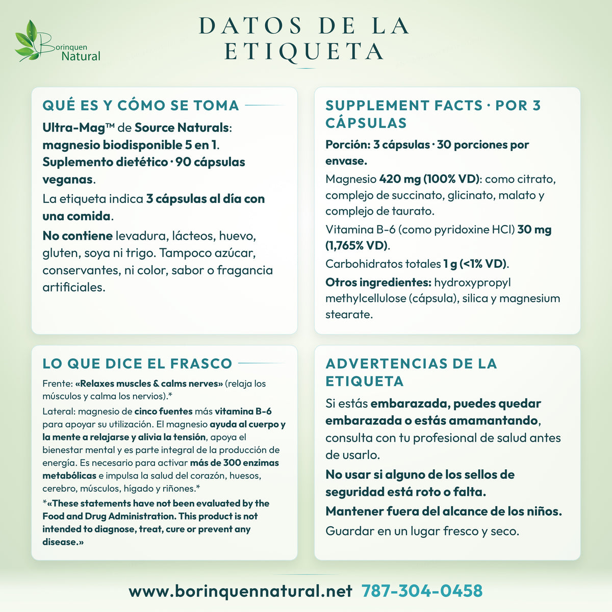 Datos de la etiqueta de Ultra-Mag de Source Naturals: Supplement Facts, modo de uso, otros ingredientes, lo que dice el frasco y advertencias