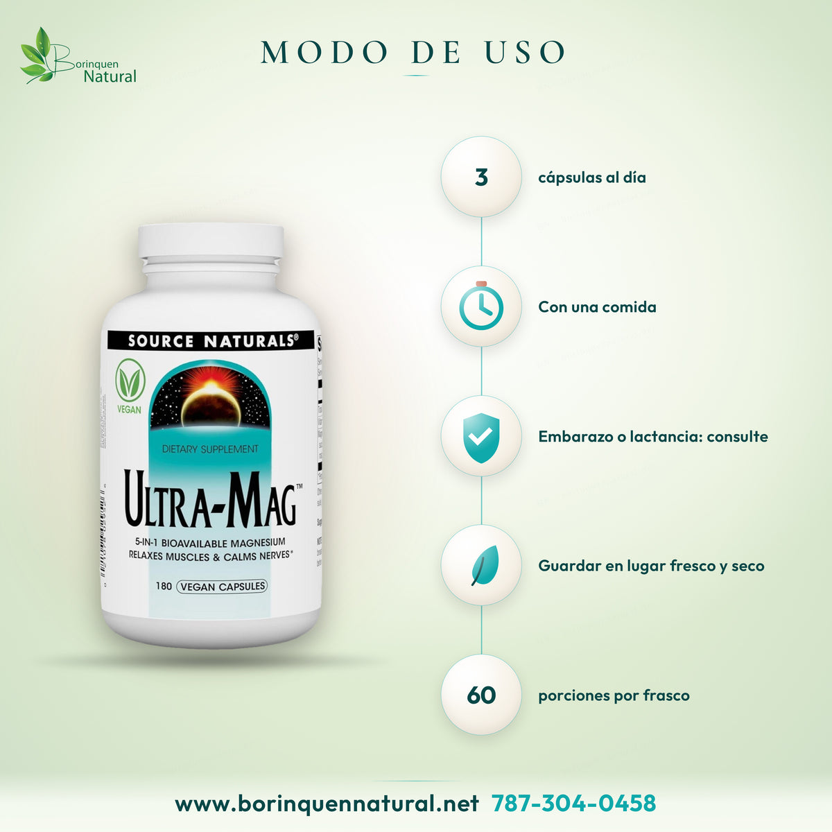 Modo de uso del Ultra-Mag de Source Naturals: 3 cápsulas al día con una comida