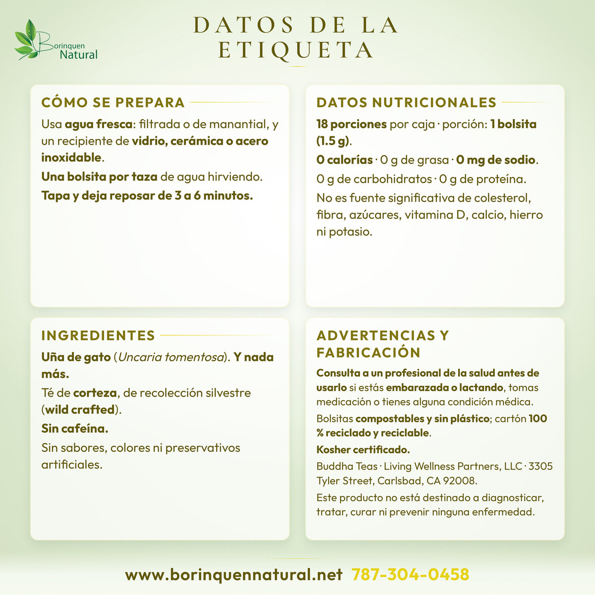Label information for cat's claw tea: preparation, nutrition facts, ingredients and warnings