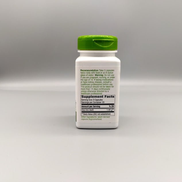 Lado del frasco Uva Ursi: Recommendation, Warning y Supplement Facts con 1.44 g de hoja por 3 cápsulas