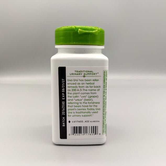 Lado del frasco Uva Ursi: Traditional Urinary Support*, historia de la planta, vencimiento y código de barras