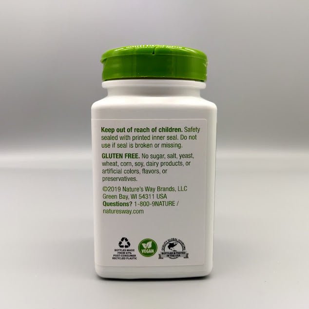 Dorso del frasco Uva Ursi Nature's Way: Keep out of reach of children, sello interior y Gluten Free