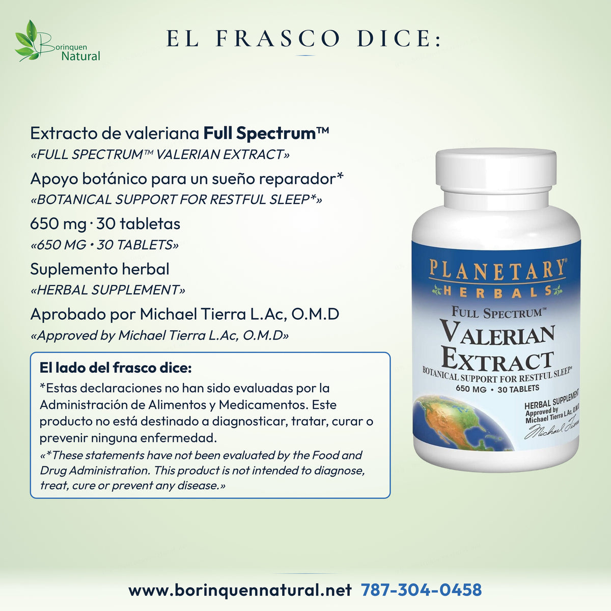 El frasco dice: extracto de valeriana Full Spectrum, apoyo botánico para un sueño reparador, 650 mg, 30 tabletas
