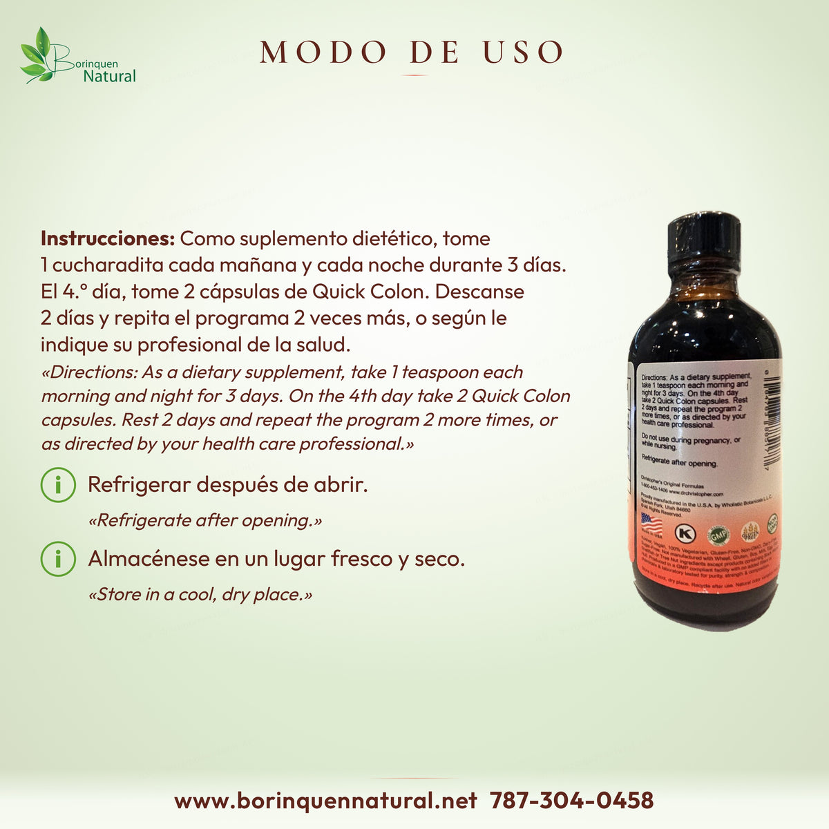 Modo de uso de VF Syrup: 1 cucharadita cada mañana y cada noche durante 3 días; refrigerar después de abrir