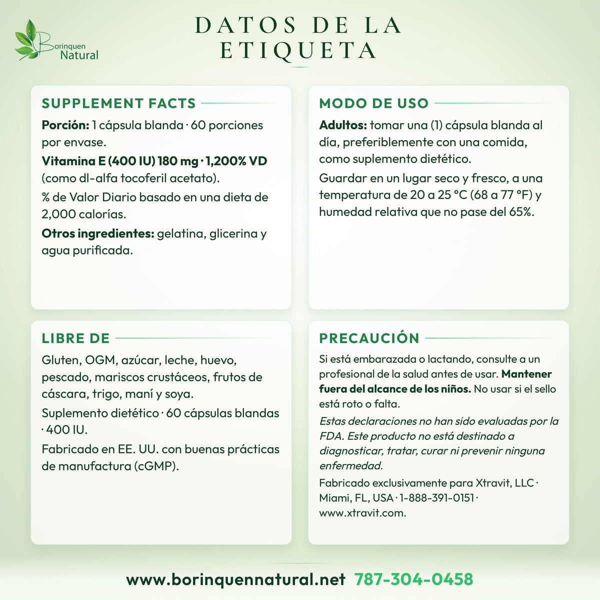 Datos de la etiqueta de la vitamina E 400 IU Xtravit: Supplement Facts, otros ingredientes, alérgenos, uso y avisos