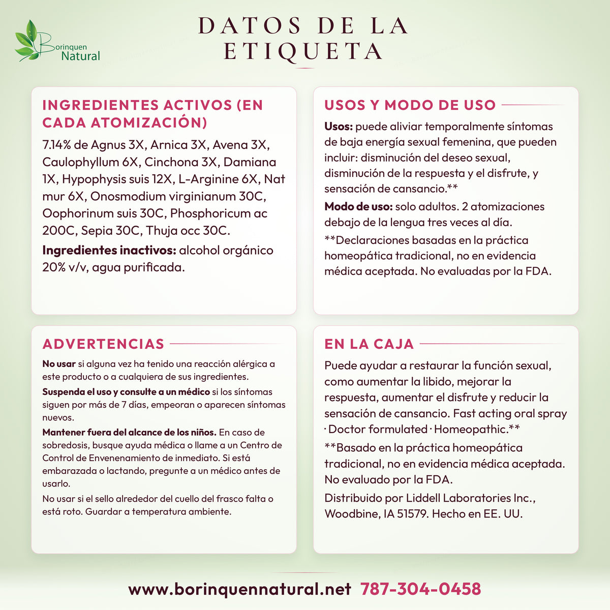 Datos de la etiqueta del Vital Female Sexual Energy de Liddell: ingredientes activos, usos, advertencias, modo de uso e ingredientes inactivos