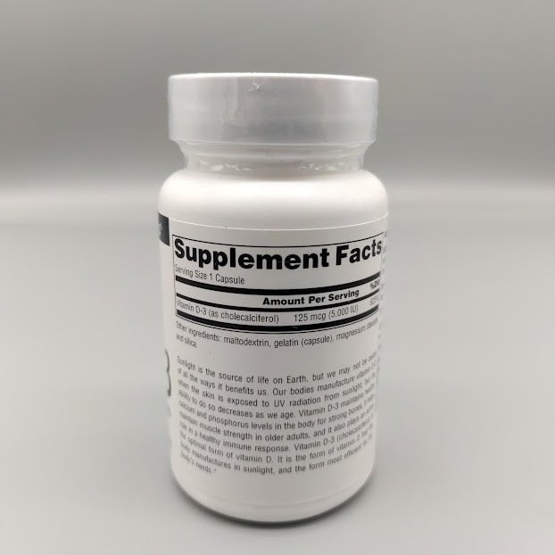 Supplement Facts de la Vitamin D-3 Source Naturals: 1 cápsula con 125 mcg (5,000 IU) de colecalciferol