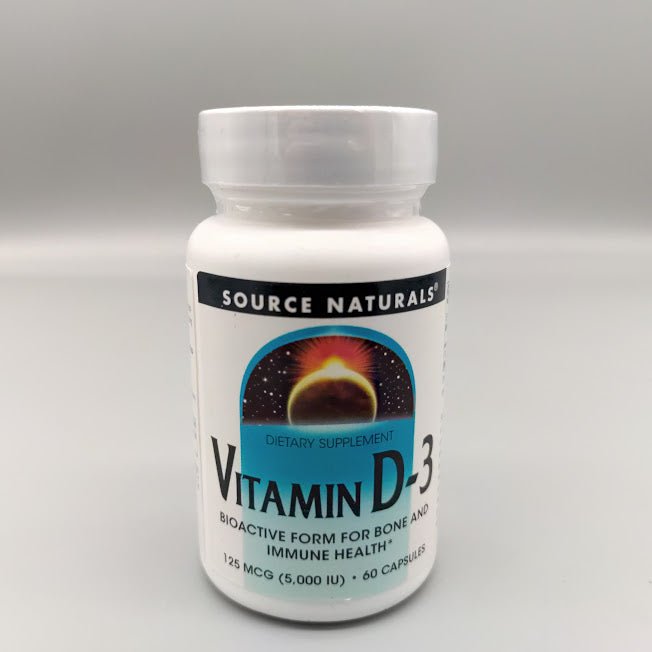 Frente de la Vitamin D-3 Source Naturals: «Bioactive form for bone and immune health*», 125 mcg (5,000 IU), 60 cápsulas