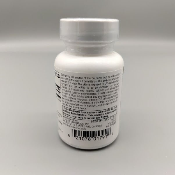 Vitamin D-3 - BioActive Form For Bone and Immune Health - 1000IU - 100 Tablets de Source N — vista posterior del envase