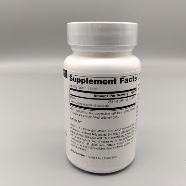 Vitamina E - 400 IU - 50 Tablets - Source Naturals — etiqueta con los ingredientes (foto de archivo)