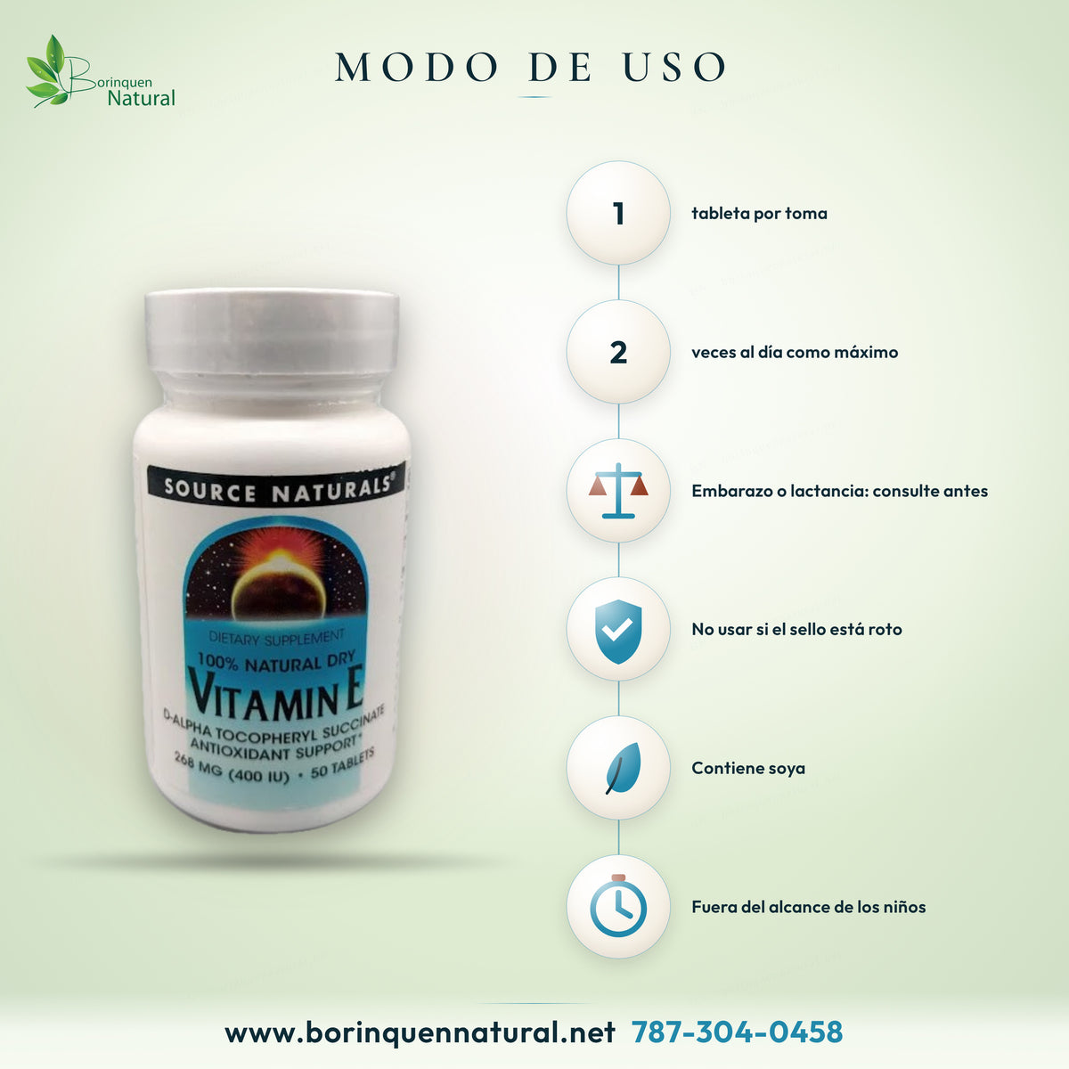 Modo de uso de la Vitamina E Source Naturals: 1 tableta de 1 a 2 veces al día