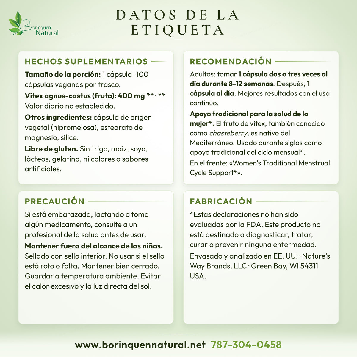 Datos de la etiqueta del vitex de Nature's Way: hechos suplementarios, otros ingredientes, recomendación, precauciones y descargo de la FDA