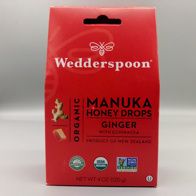 Frente de Wedderspoon Organic Manuka Honey Drops Ginger with Echinacea, Product of New Zealand, NET WT 4 OZ (120 g)