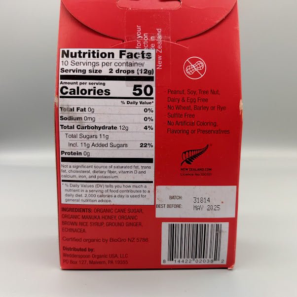 Nutrition Facts de Wedderspoon Ginger: 2 drops (12 g), 50 calorías, 11 g de azúcares añadidos, ingredientes orgánicos