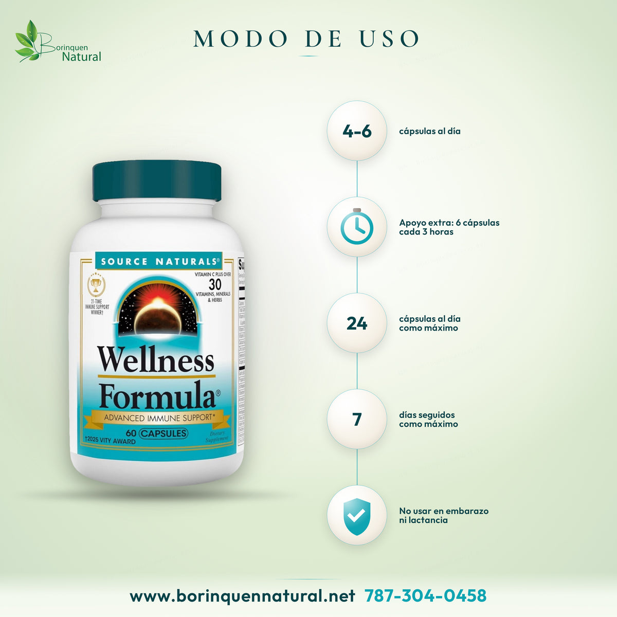 Modo de uso de Wellness Formula: 4 a 6 cápsulas al día; máximo 24 al día por 7 días seguidos