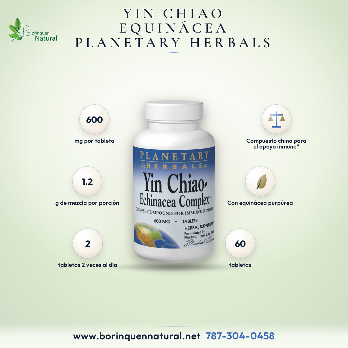 Yin Chiao-Echinacea Complex de Planetary Herbals, compuesto chino para el apoyo inmune con equinácea, 600 mg, frasco de 60 tabletas