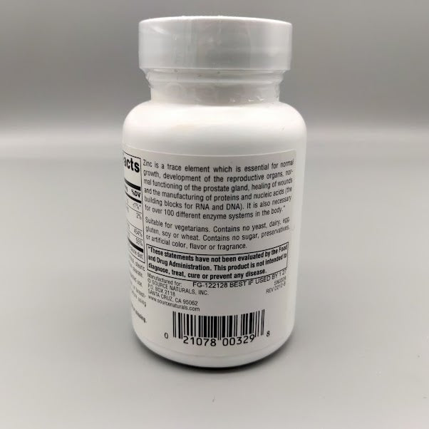 Back of the white Source Naturals Zinc bottle: printed zinc paragraph, FDA notice, and barcode 0 21078 00329 8.