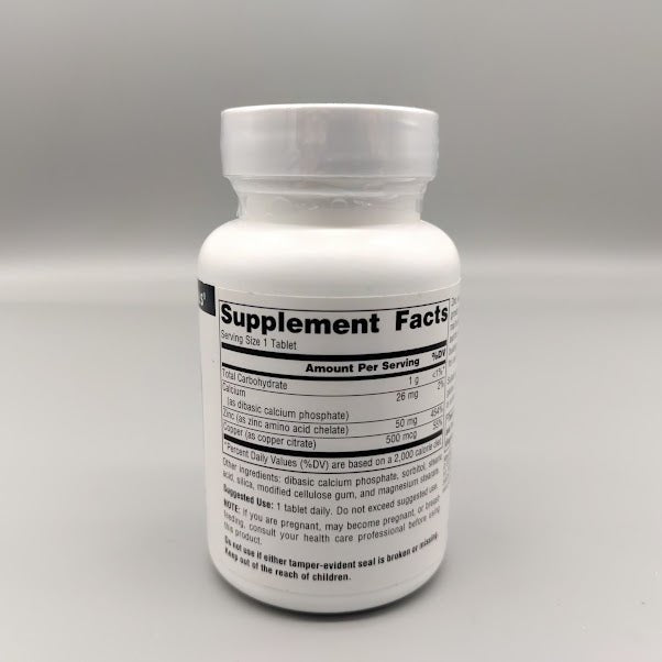 White Source Naturals Zinc bottle, side label: Supplement Facts for 1 tablet, suggested use, and the warnings.