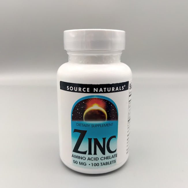 White Source Naturals bottle, front label: Zinc, amino acid chelate, dietary supplement, 50 mg, 100 tablets.